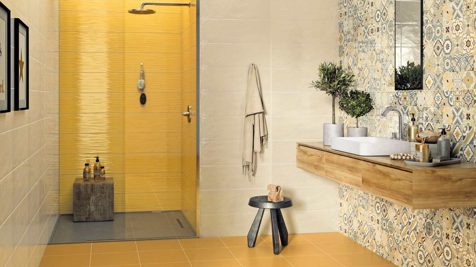 Colorful bathroom with yellow shower tile and mosaic accent in Portland